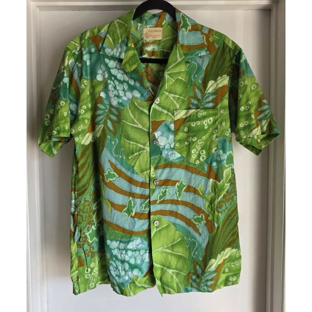 Royal Hawaiian Shirt Men Green Floral Short Sleeve Collared Vintage Aloha